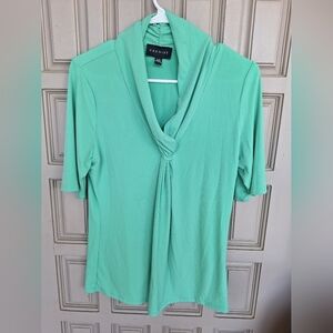 Premise Pullover SzL Sea Green V Neck Twist Front Hi Back Collar Stretchy Pretty